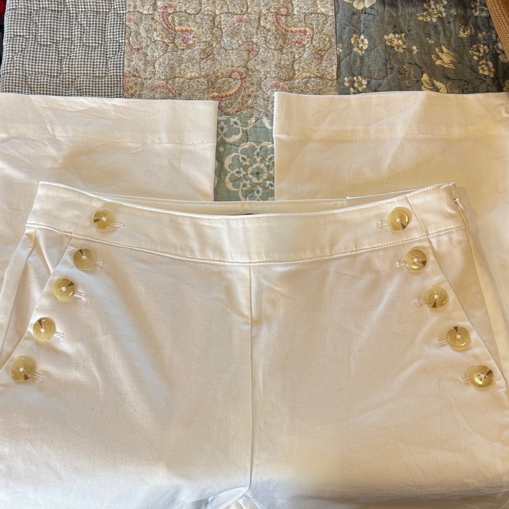Ann Taylor Factory White Sailor-Inspired Straight Leg Trousers with Gold Buttons - Picture 3 of 4